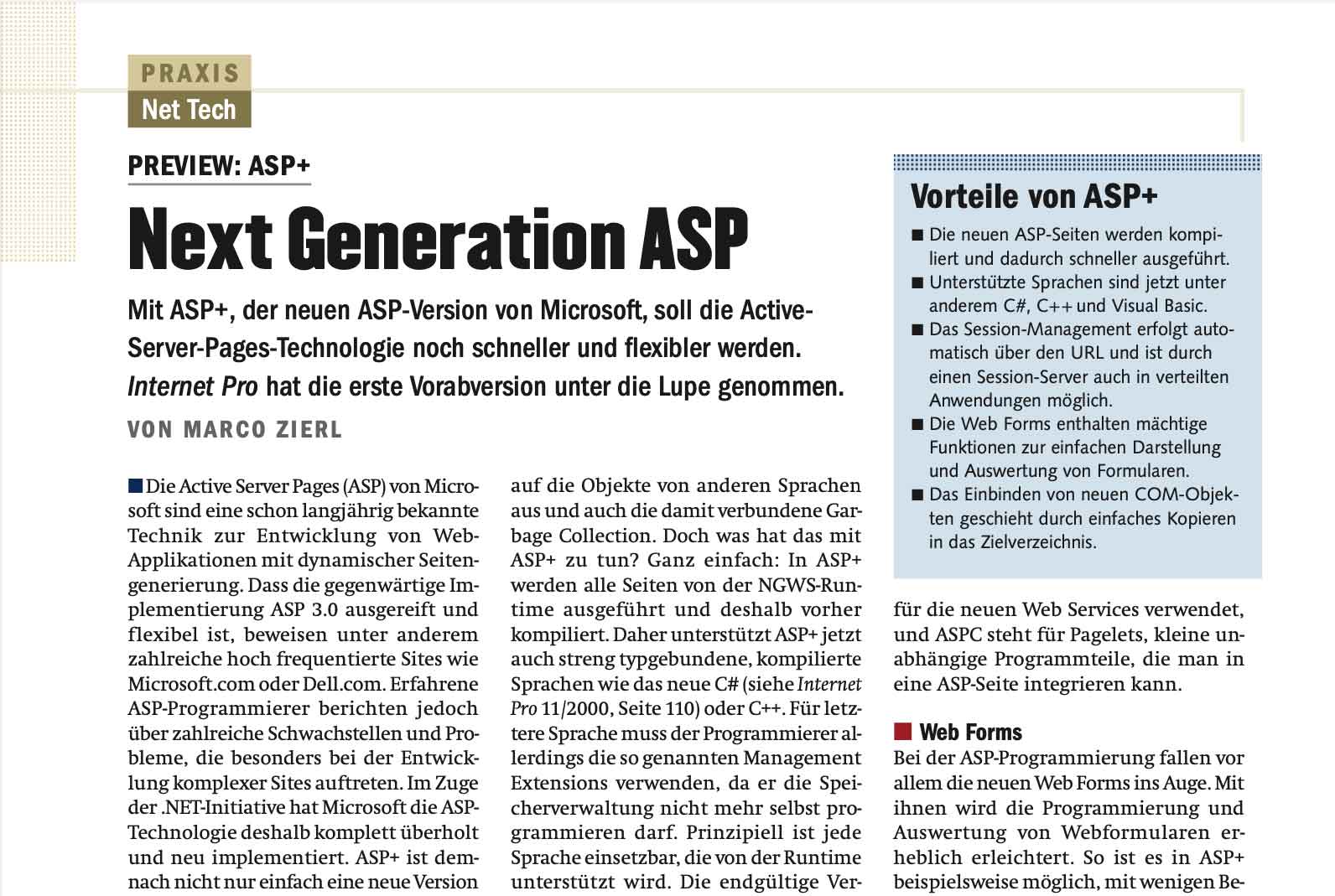 Technical spread from Internet Pro 2001 with text, diagrams, and code in highly legible, dense design.