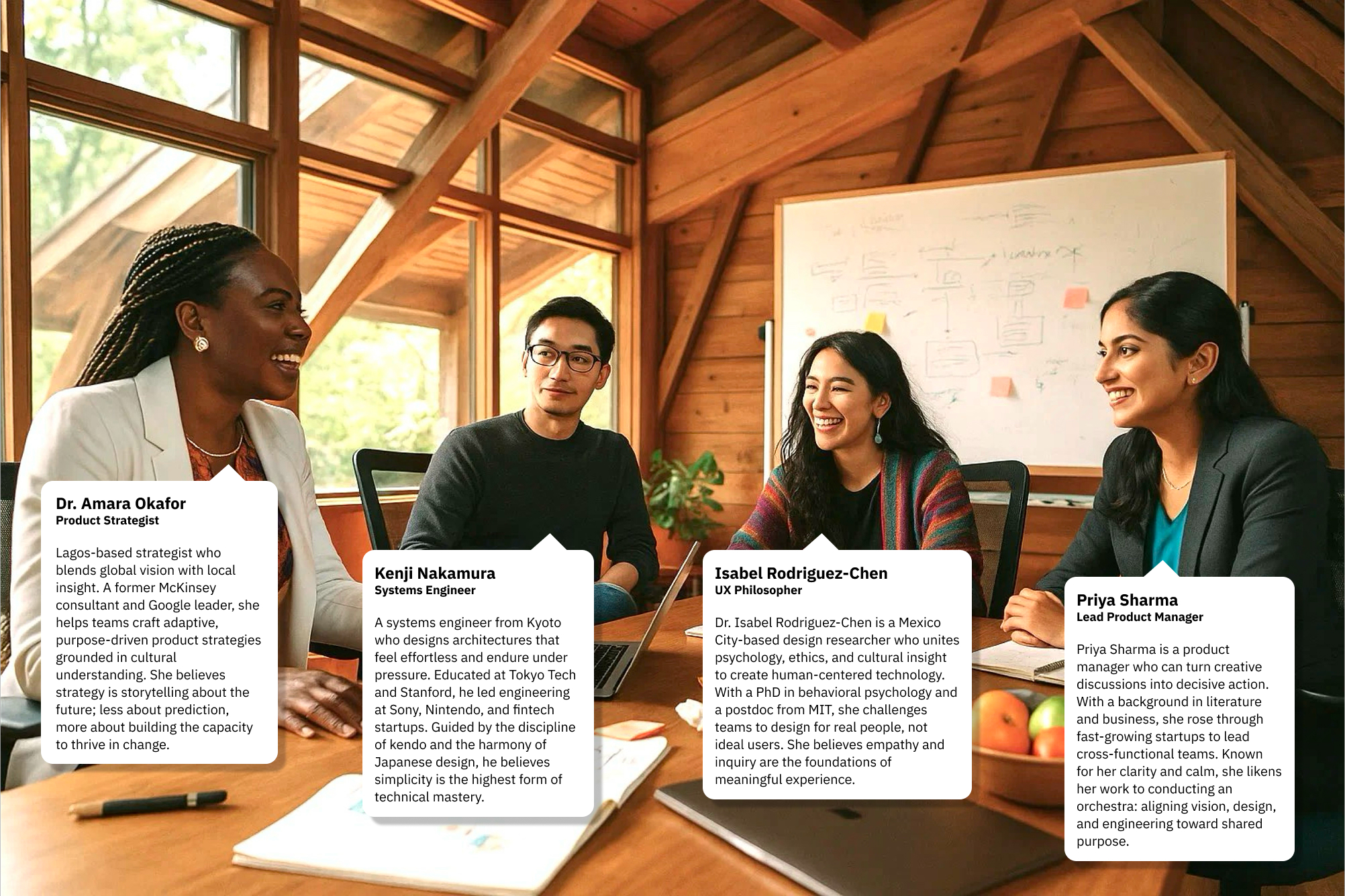 Photo of four members of the Agentic Council: a product manager, a designer, a developer, and a business analyst.