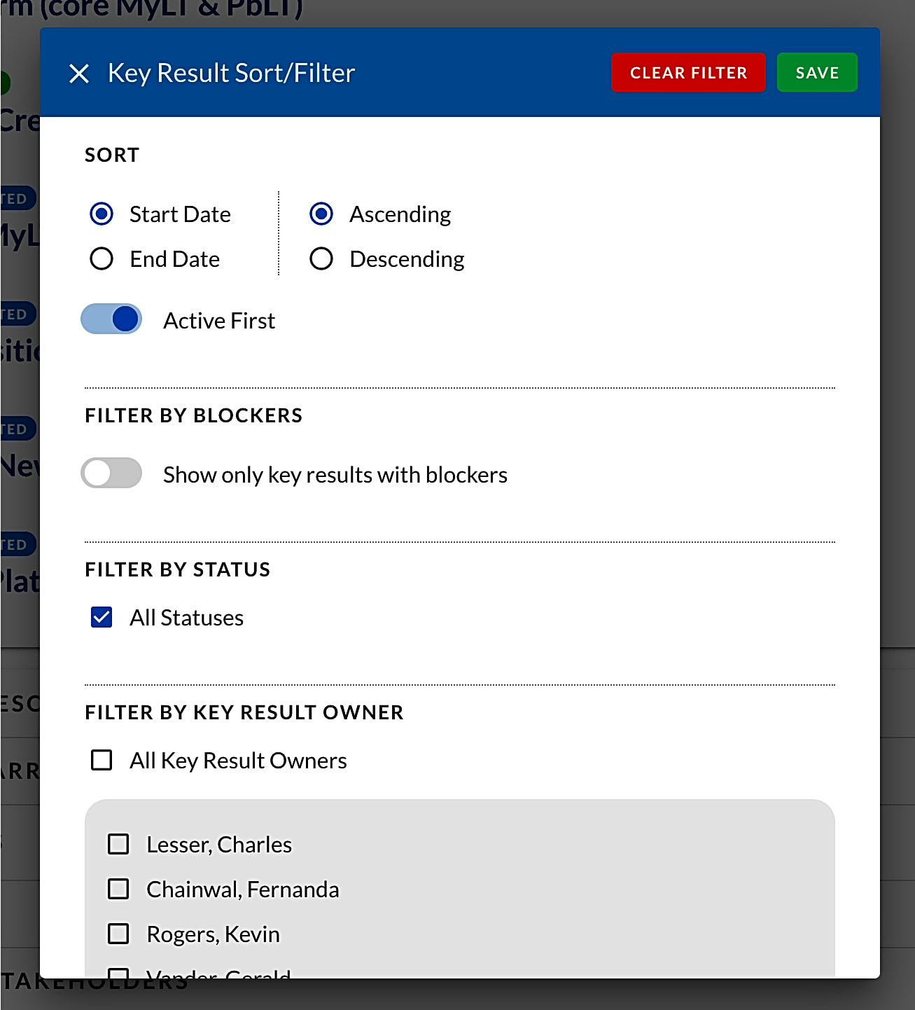 Filter interface panel with options to sort and filter key results, including toggles for sort order, active status, and result owner assignments. Features a clean, organized layout with checkboxes and radio buttons.