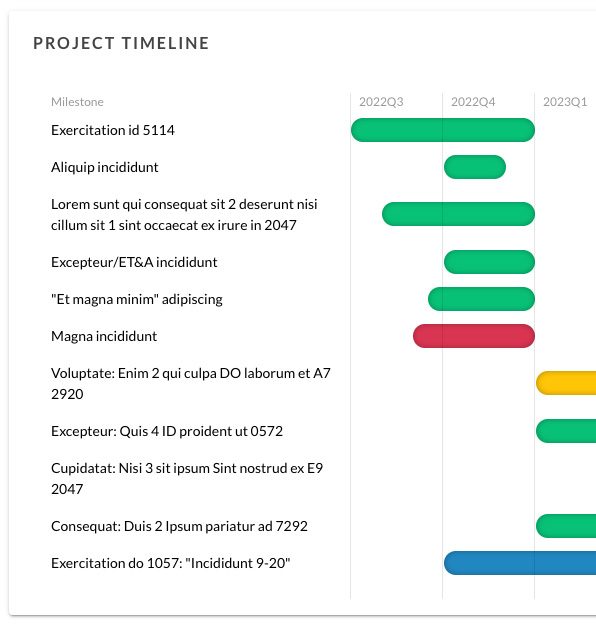 A Gantt project timeline displaying multiple initiatives as horizontal bars on a timeline grid. Each bar is color-coded to indicate status, with dates spanning multiple quarters.