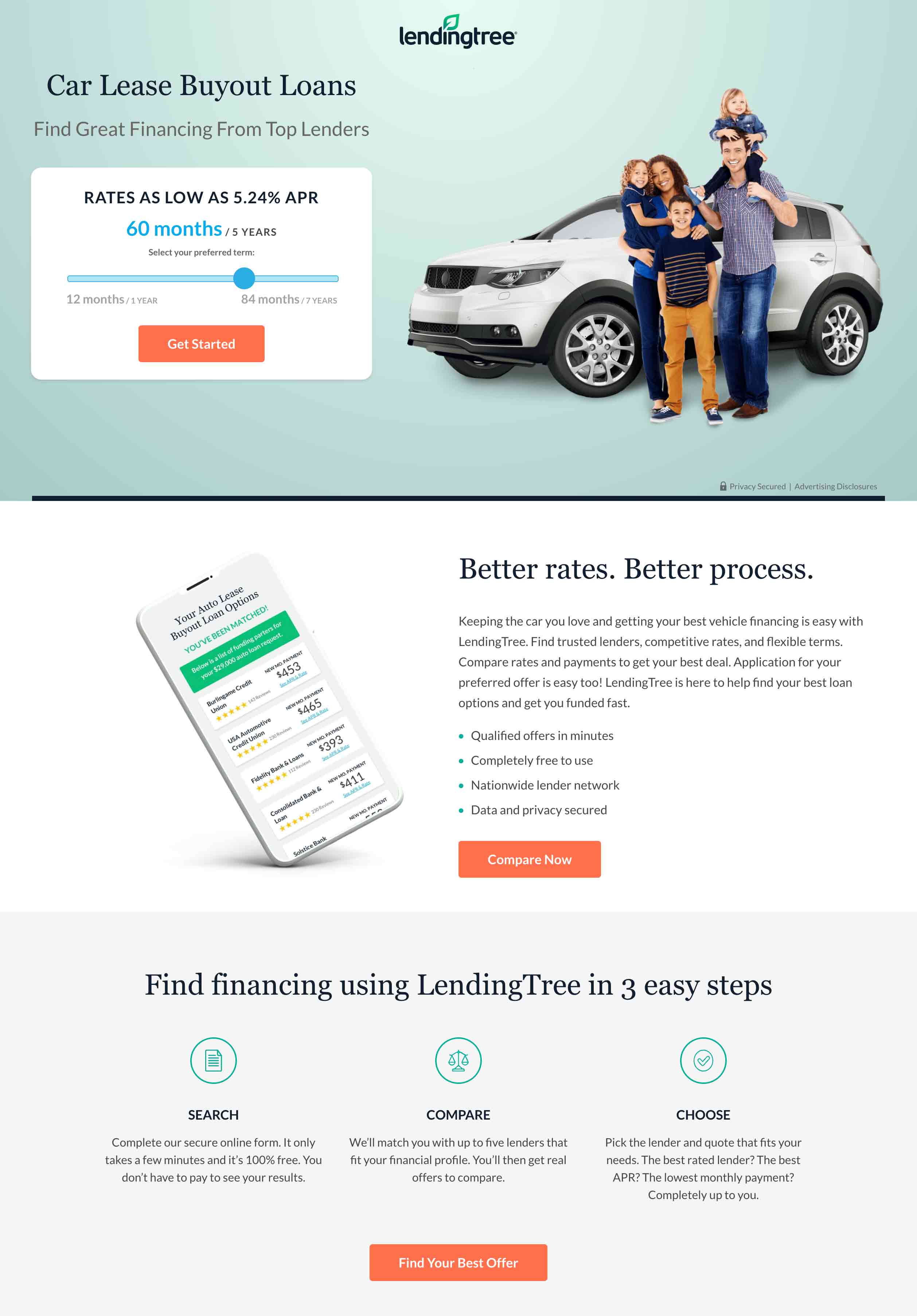 Landing page for auto lease loans featuring a hero image, app screenshot, and clear call-to-action.