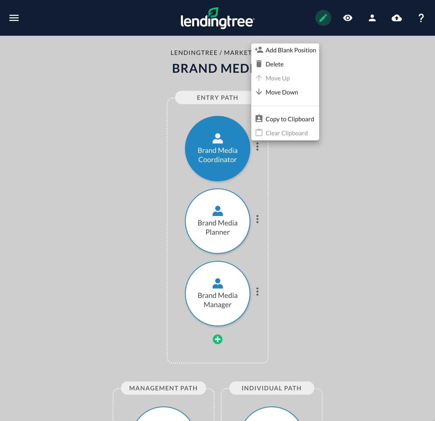 Admin view with editing controls for career paths in a structured, clear design.