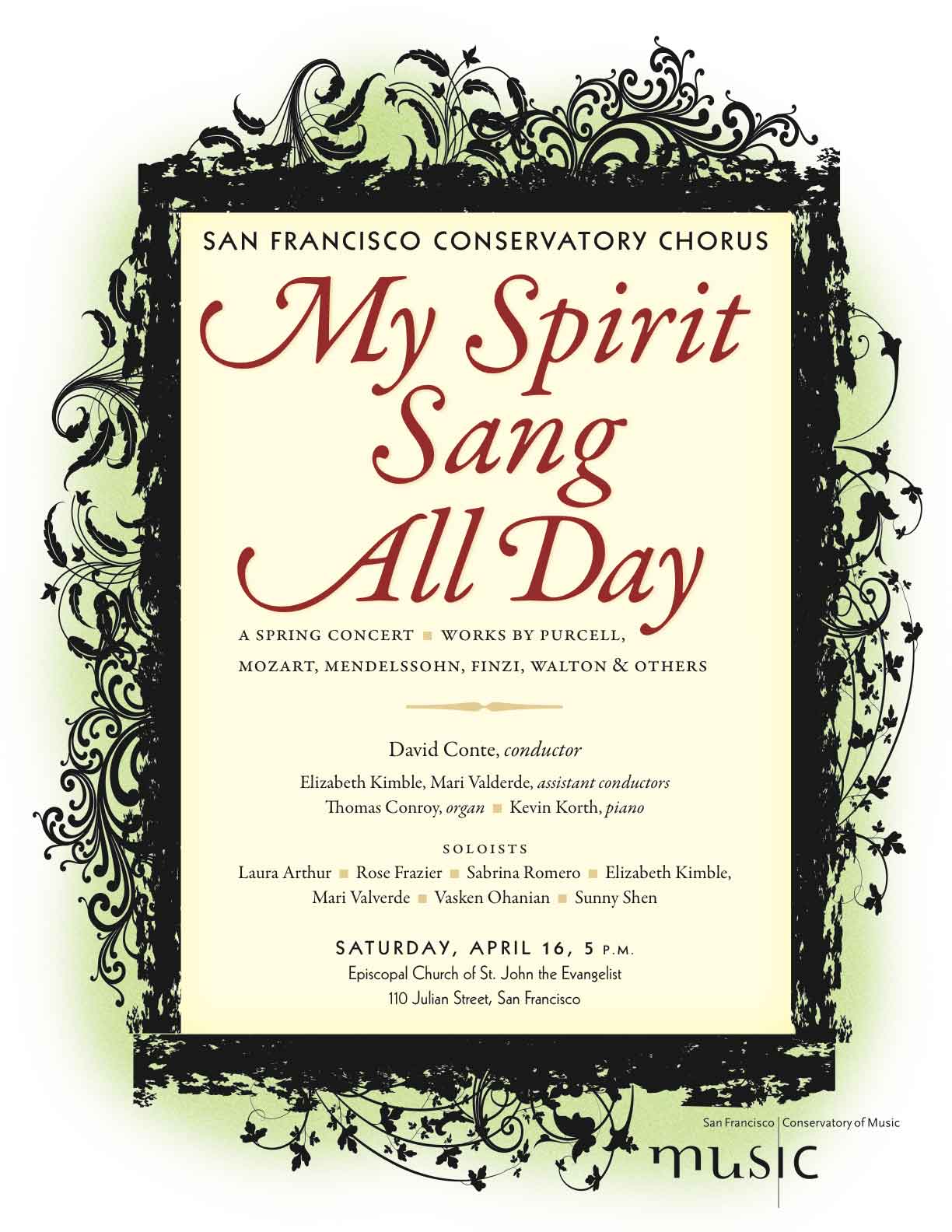 Concert poster with an ornate botanical frame in Art Nouveau style and elegant red script.