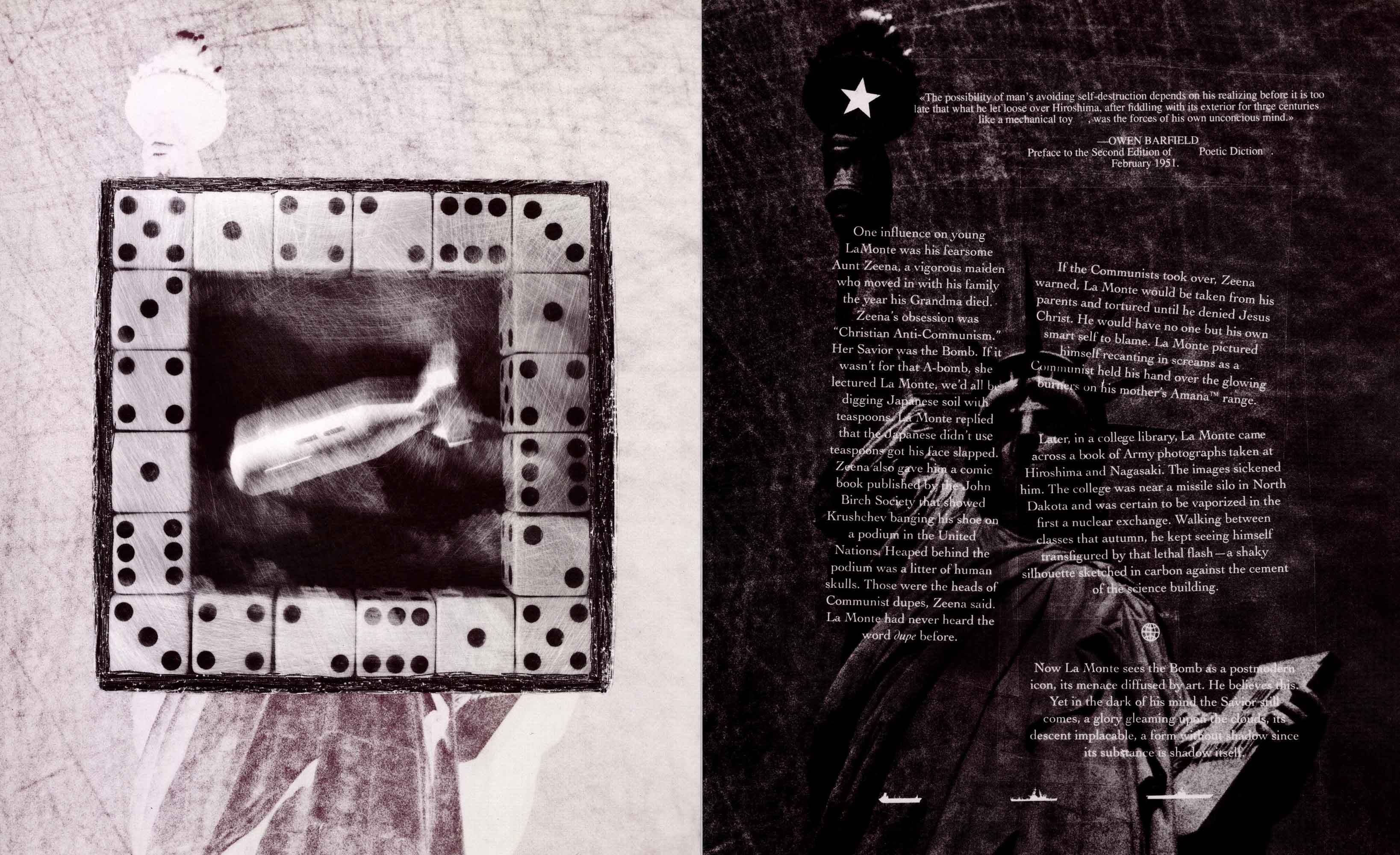 Two-page spread with a bomb/missile image and artistic text layout; a contemplative design.