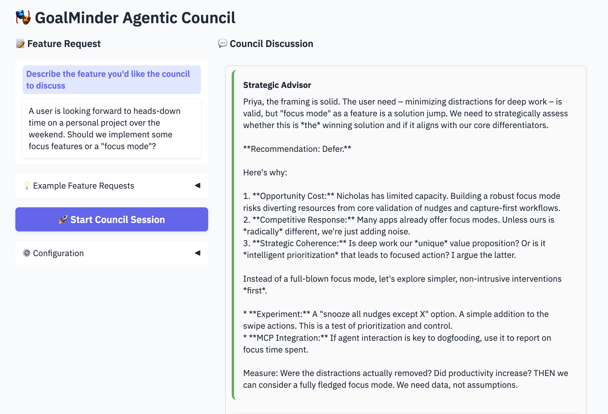Screenshot of the result of a Council deliberation about a new “focus” feature for the goal management app GoalMinder.