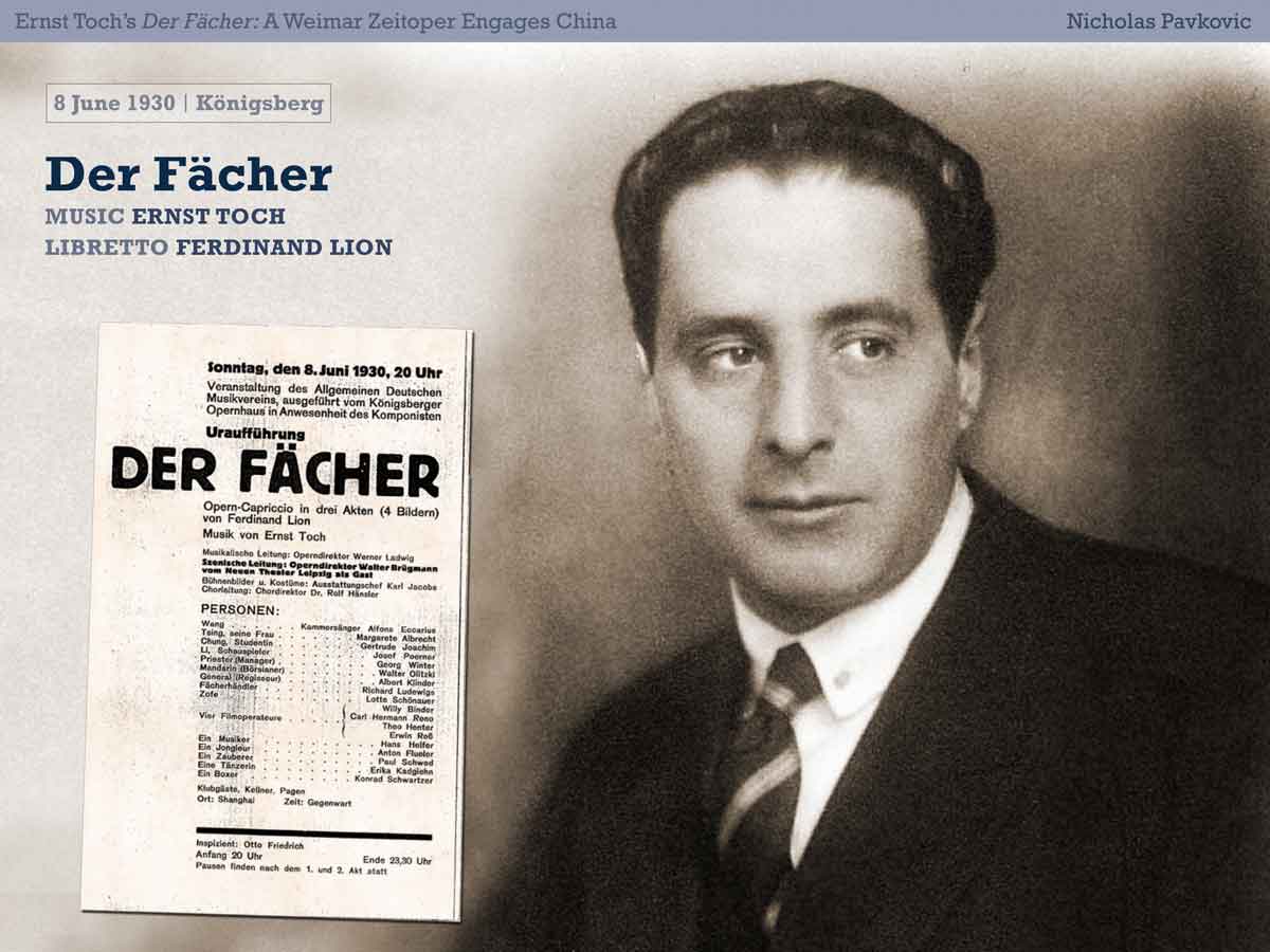 Slide with a 1930s portrait of Ernst Toch and a vintage playbill; historical, contextual design.