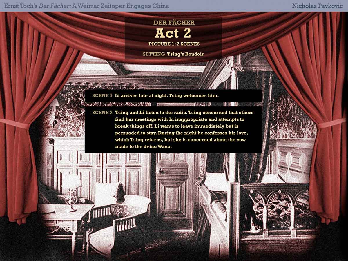 Theatrical slide with red velvet curtains and vintage interior photos; evokes modernity and politics.