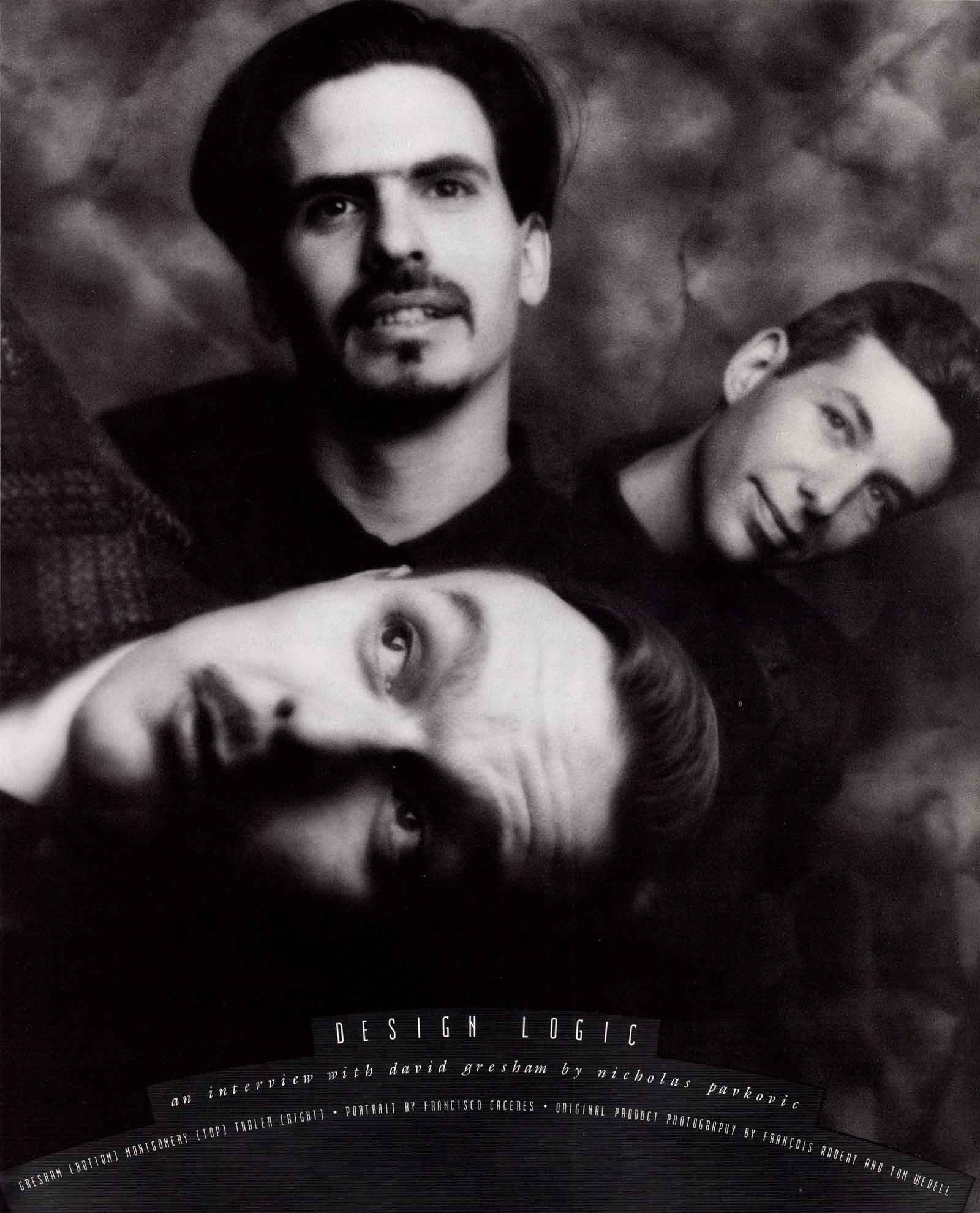 A dramatic B&W portrait of three figures in a triangular layout with bold lighting; an artistic design.