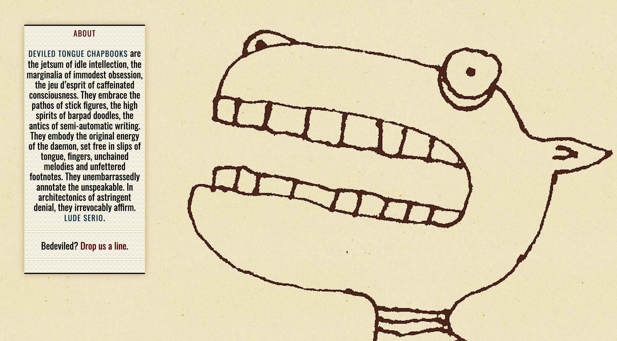 Homepage with a vintage, letterpress look featuring a hand-drawn illustration on a paper background.