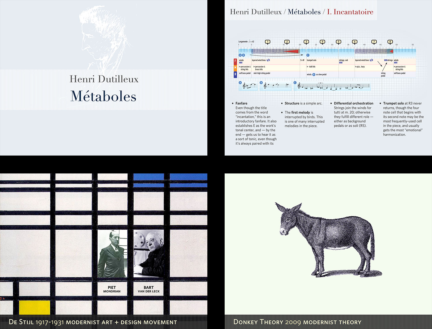 Four slides on Dutilleux: minimalist title, musical analysis, Mondrian grid, and a vintage engraving; clean design.