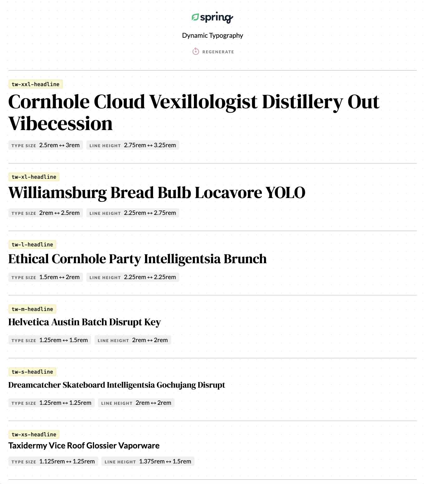 Typography demo showing dynamic font sizes and responsive headline scaling.