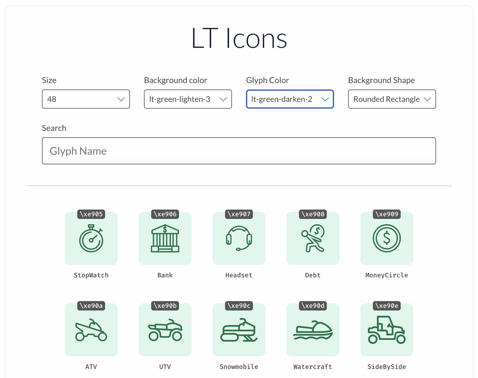 Icon browser with dropdown controls.