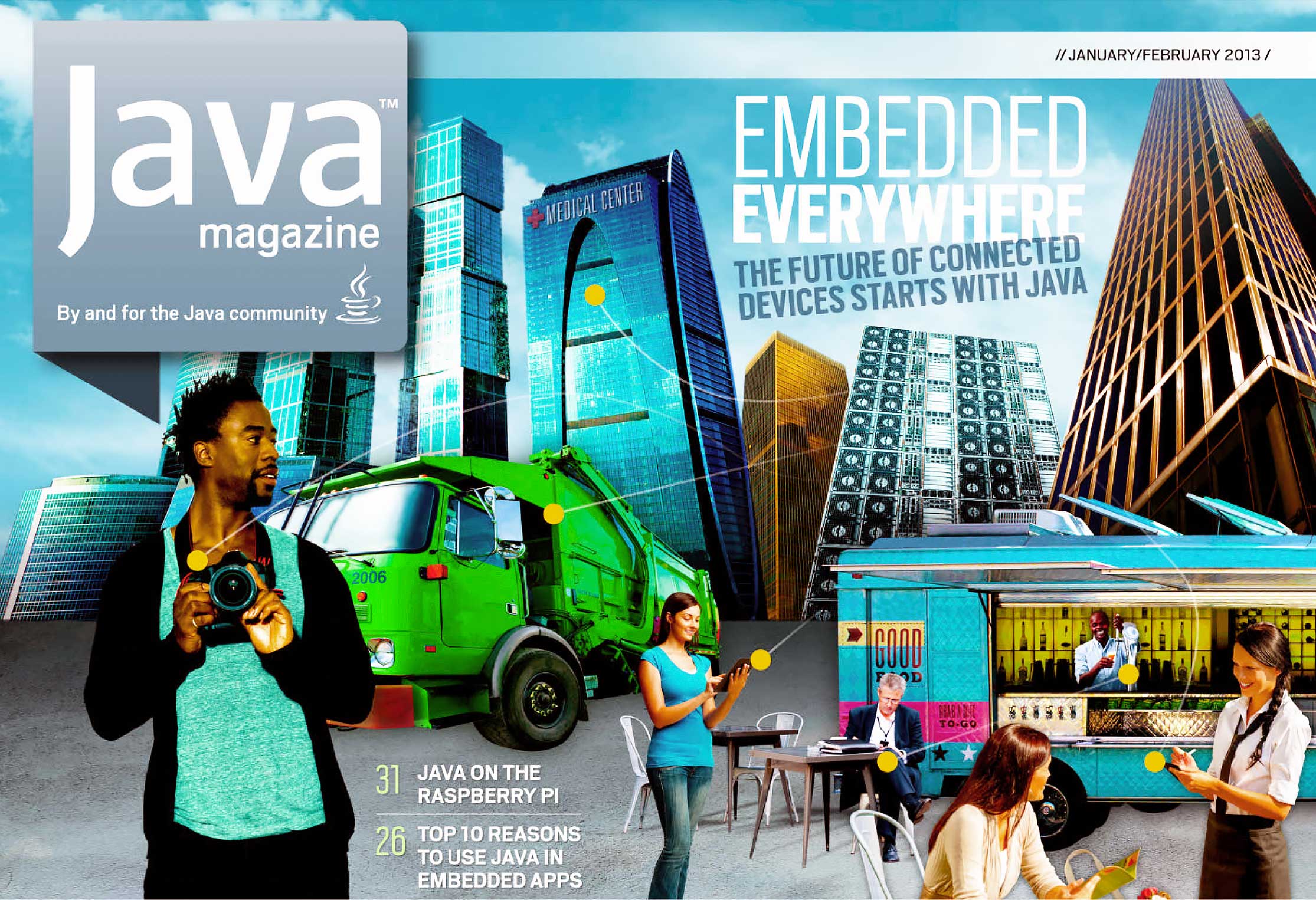 A collage of elements related to the IoT, including smart money, a connected garbage truck, and a connected POS system.