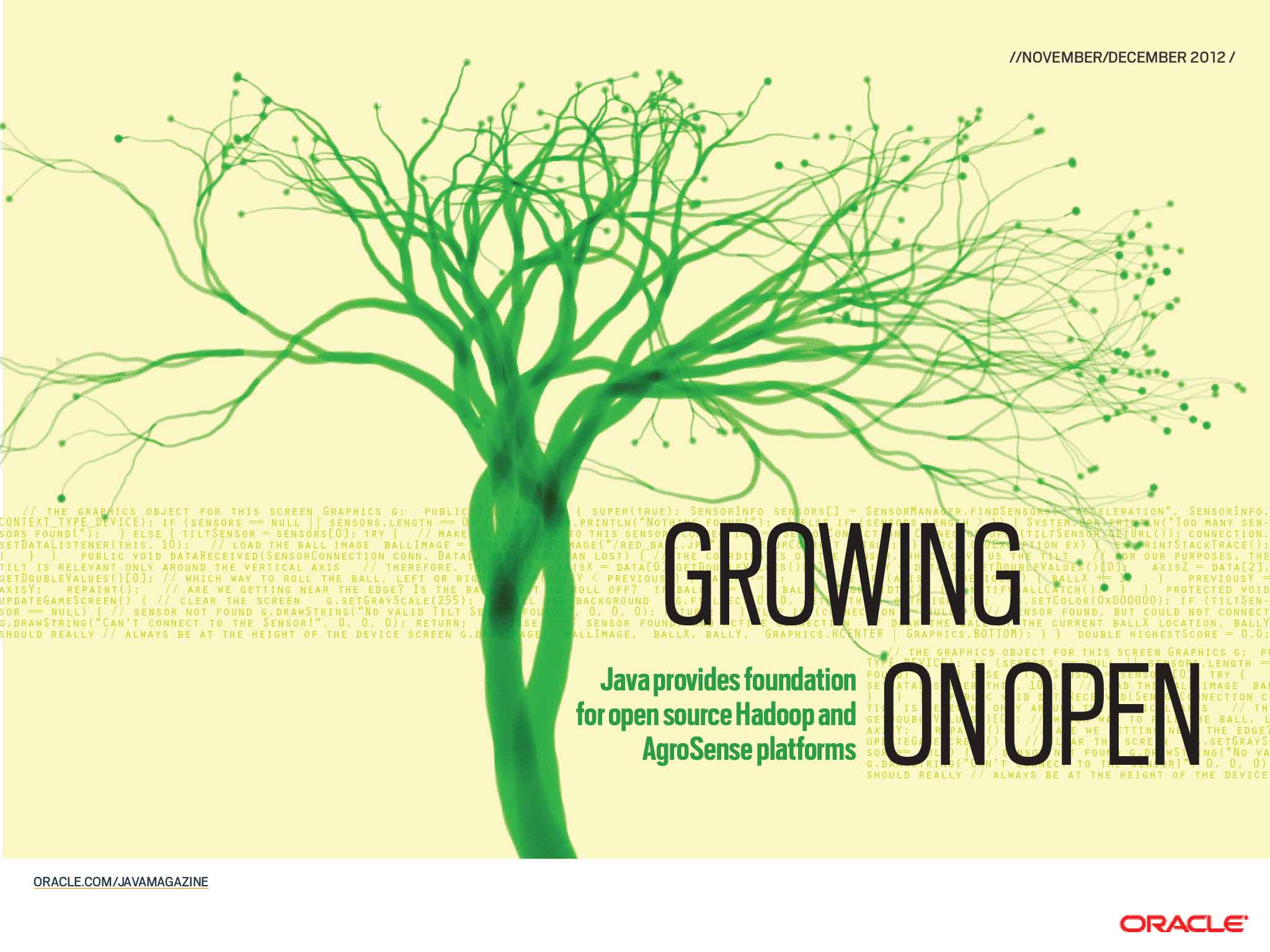 Java magazine cover with a green tree emerging from code, symbolizing organic growth in a minimalist design.