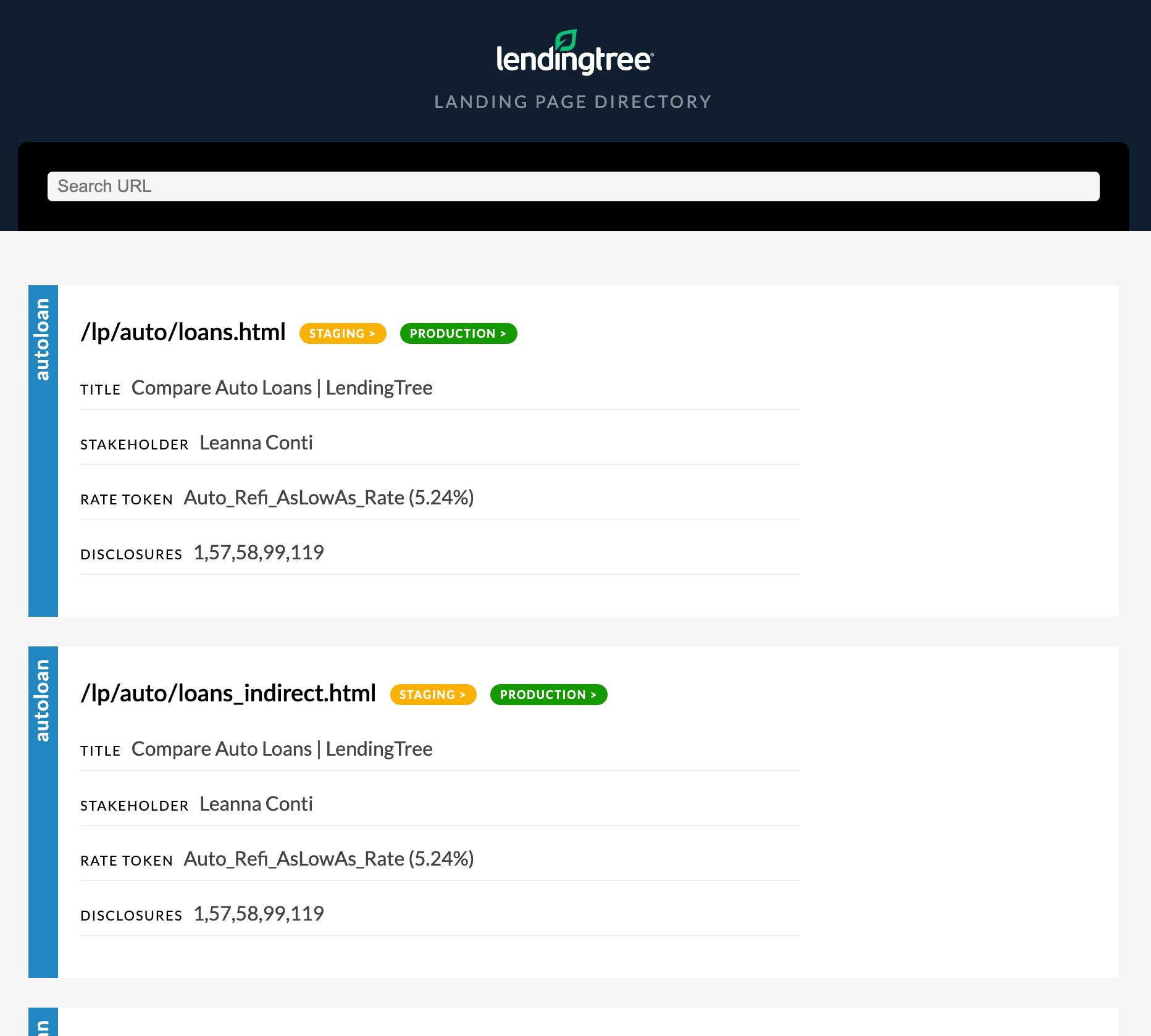 Admin interface listing landing pages with metadata in a clean, organized layout.