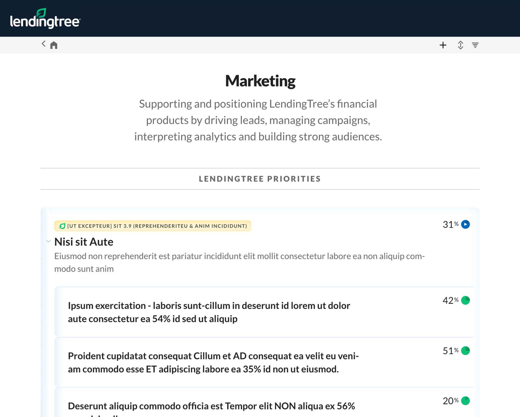 Detailed OKRs view showing completion percentages with subtle progress indicators.