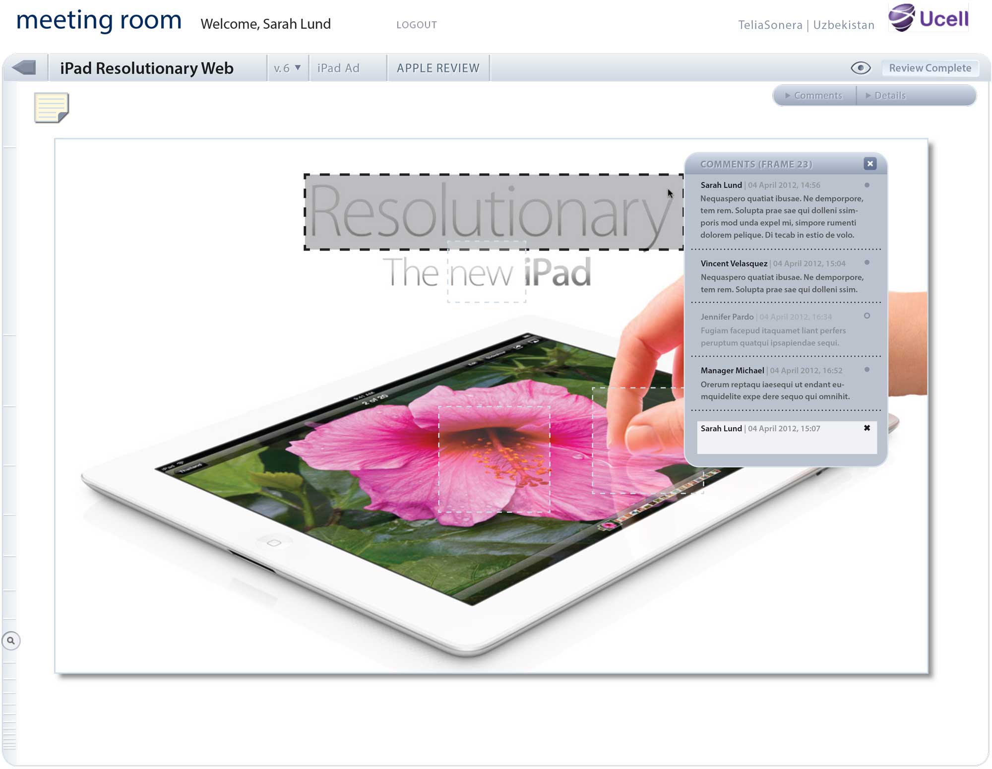 Digital asset review interface showing an iPad advertisement with an active commenting session. The interface features a clean, professional design with navigation tabs.