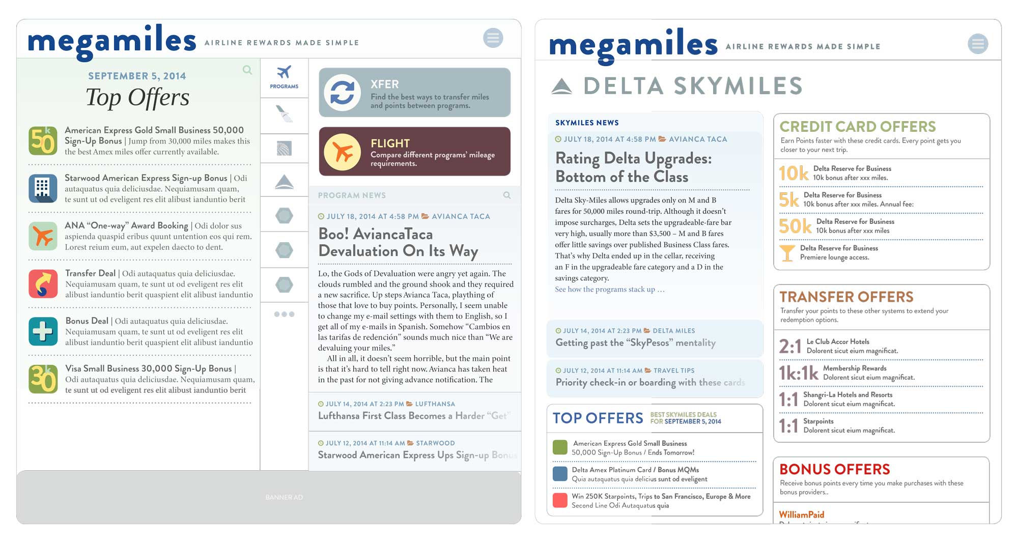 Two-panel layout for an airline rewards site with organized offers and SkyMiles info in a dense but orderly design.