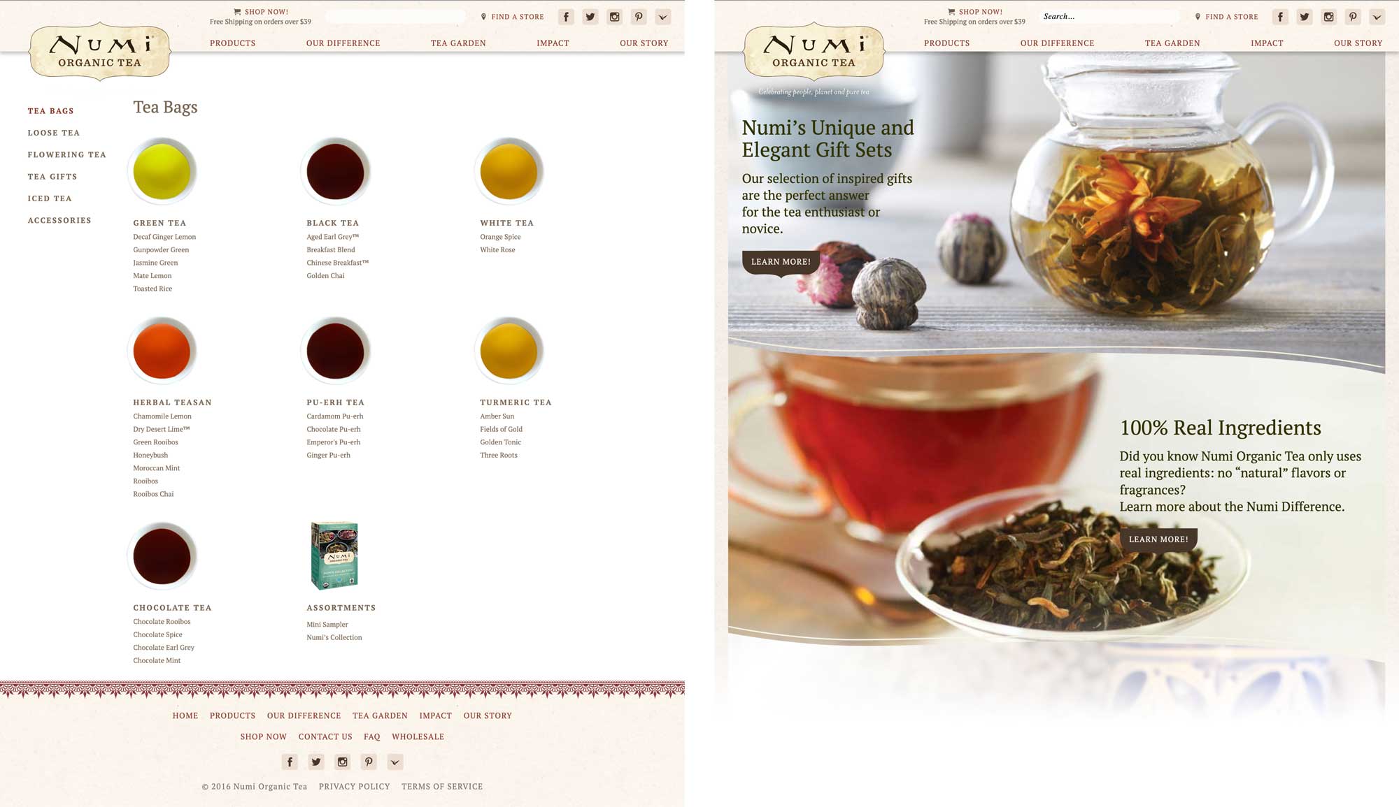 Two-panel Numi Tea site with a product grid and promotional photography; elegant and refined design.
