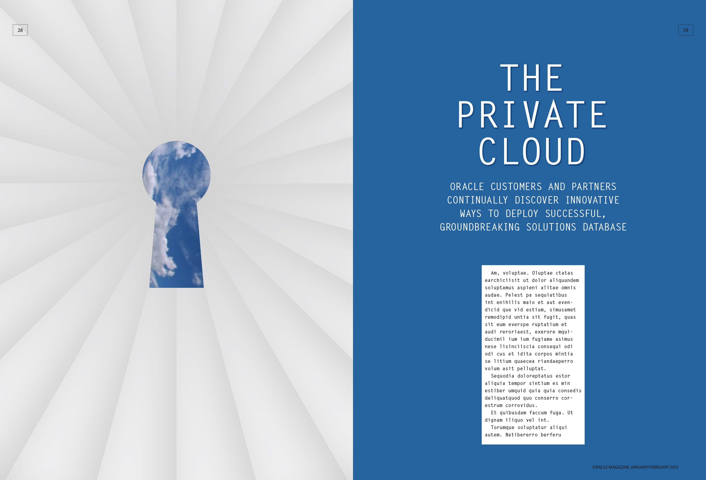 Minimalist opening magazine spread with a large keyhole showing a cloud through it, representing the private cloud.