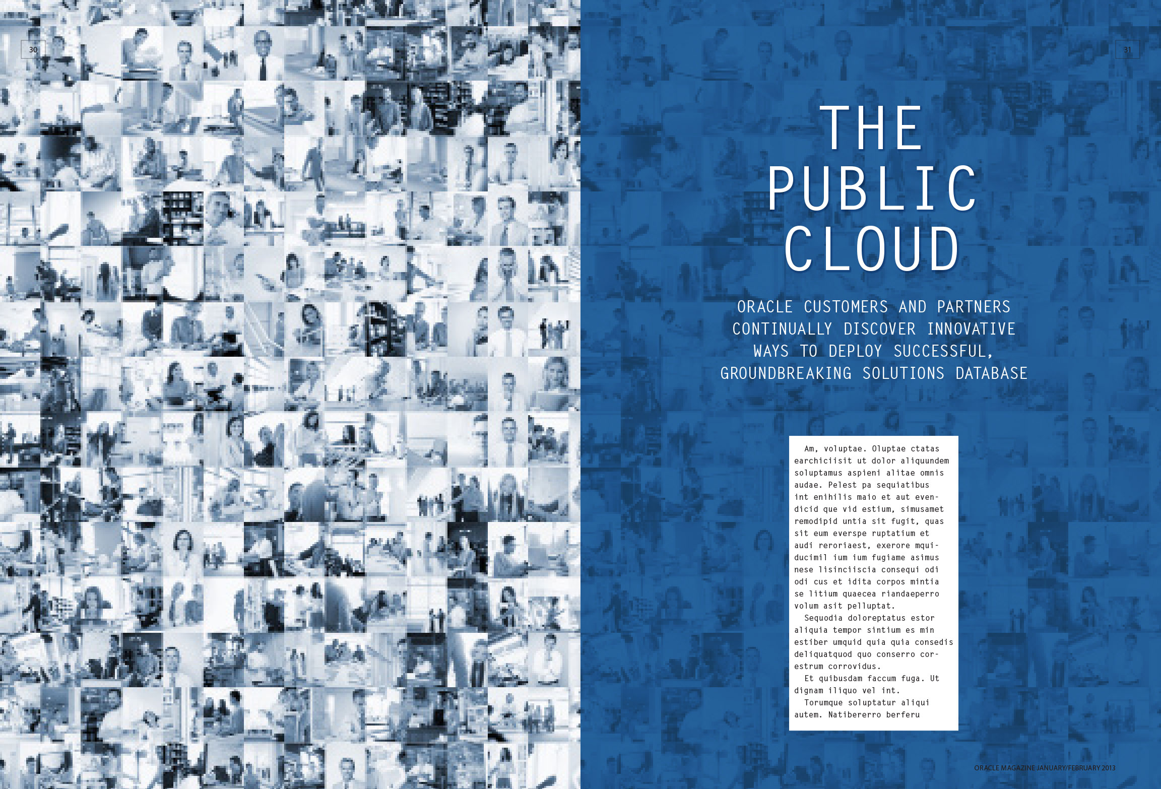 Minimalist opening magazine spread with a mosaic of portraits representing the public cloud.