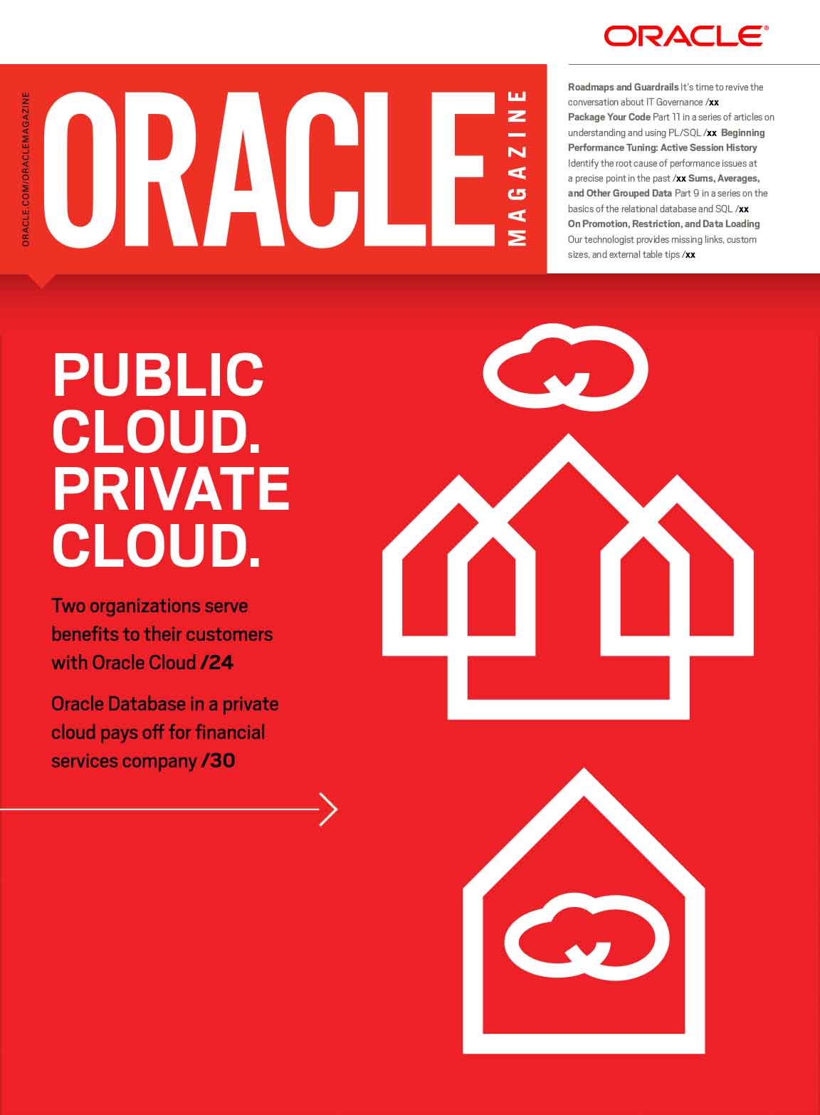 Oracle Magazine cover with a bold red background and minimalist cloud icons; striking and impactful design.