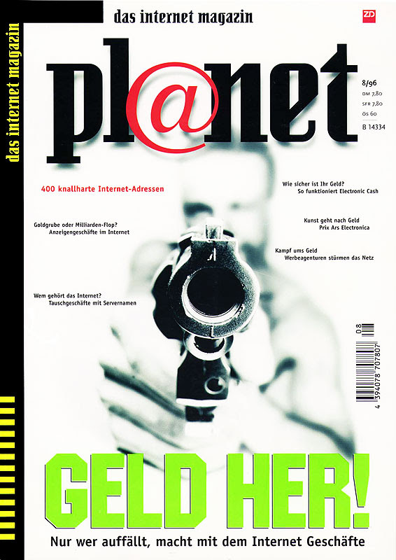 Pl@net magazine cover with a stark B&W handgun image and neon green headline; bold, dramatic design.