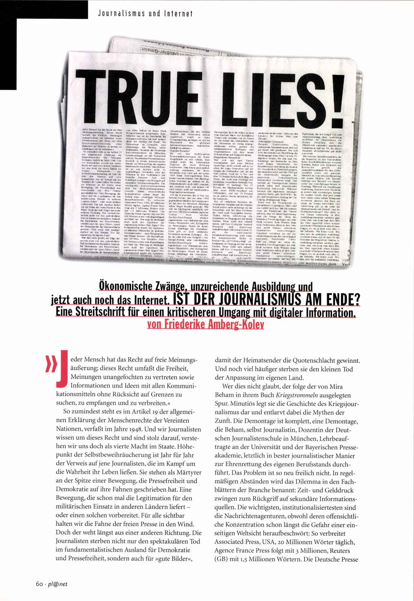 Newspaper-style cover with a bold TRUE LIES! headline; striking and minimal design.