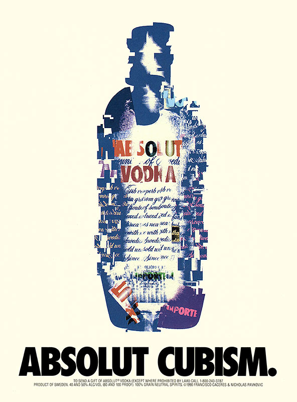 Cubist Absolut Vodka ad with fragmented bottle shapes.