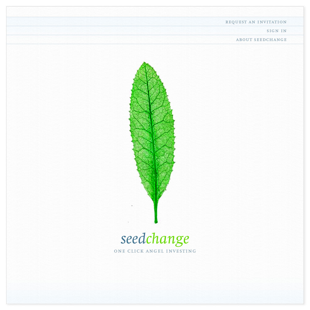 Minimalist landing page with a green leaf illustration and clear brand identity.