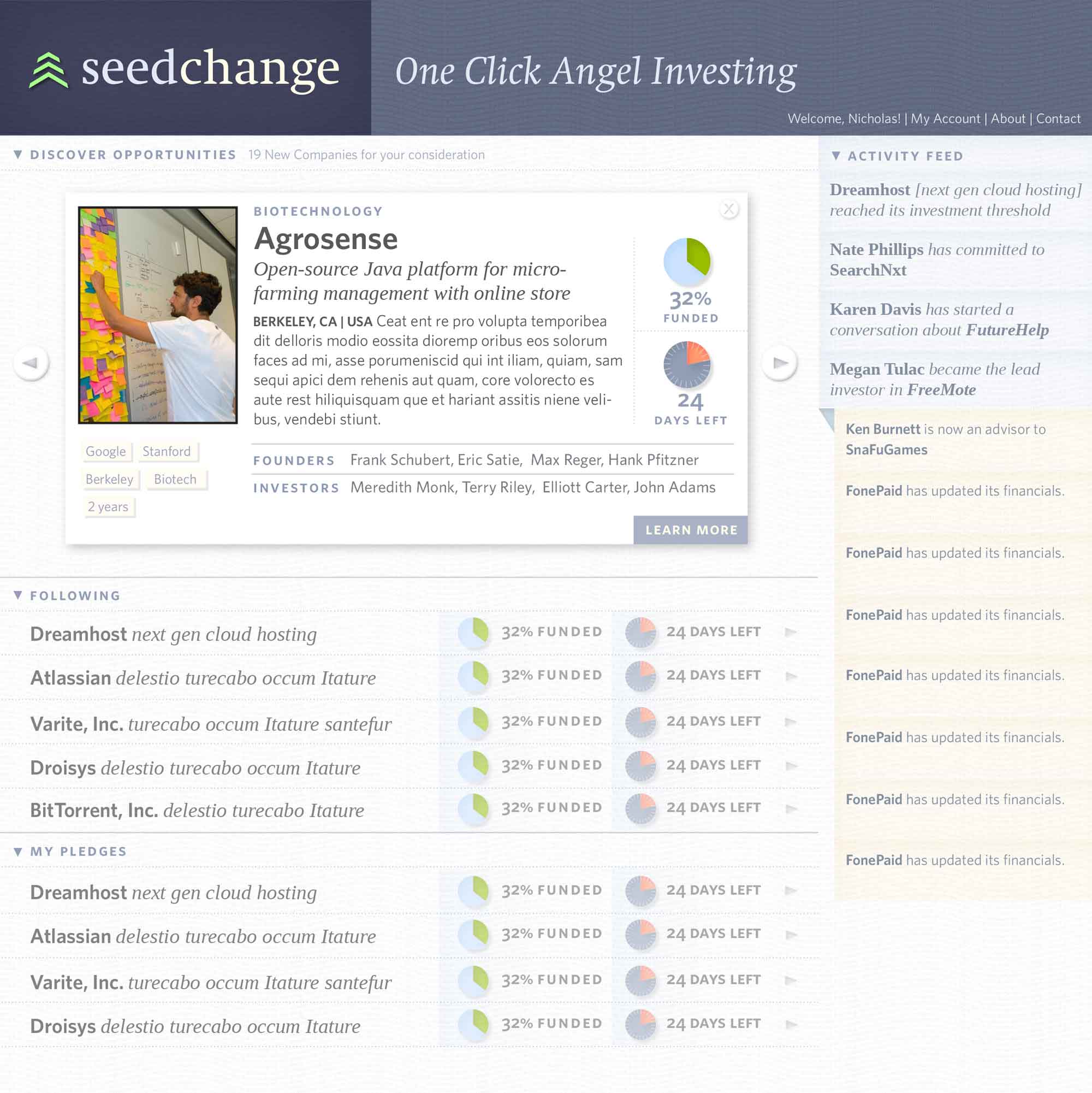 Investment platform interface displaying startup profiles and a feed of investor activities in a blue-white design.
