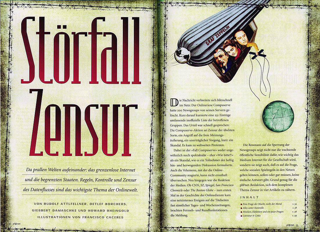 Pl@net spread with a burgundy gothic title and zeppelin illustration; weathered, historical design.