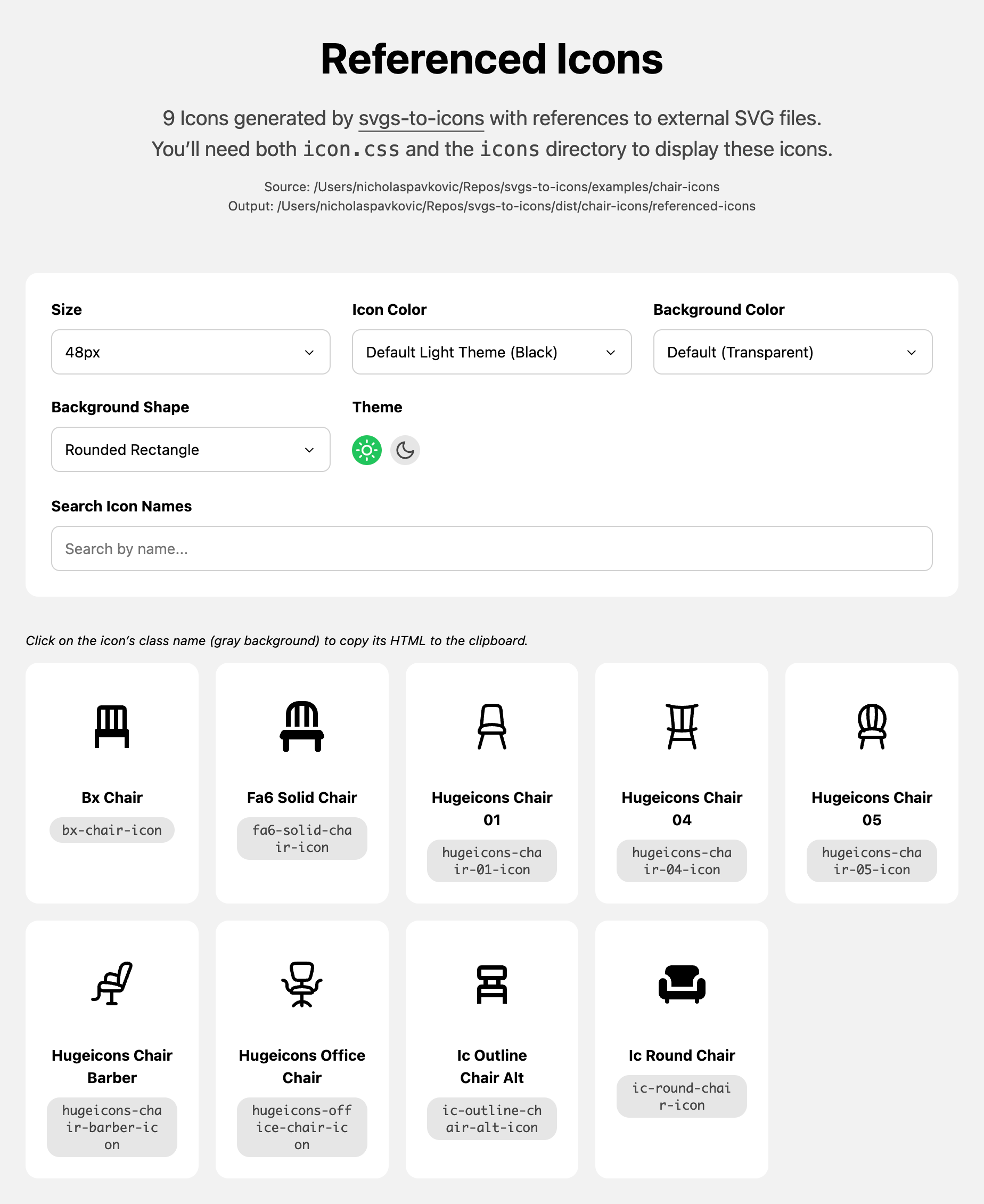 Screenshot of svgs-to-icons demo interface showing interactive color options and generated CSS classes for icon styling