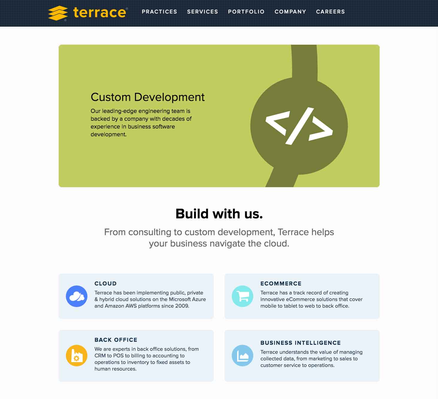 Homepage for Terrace Software with a brand logo, hero section, and a clean, modern layout.