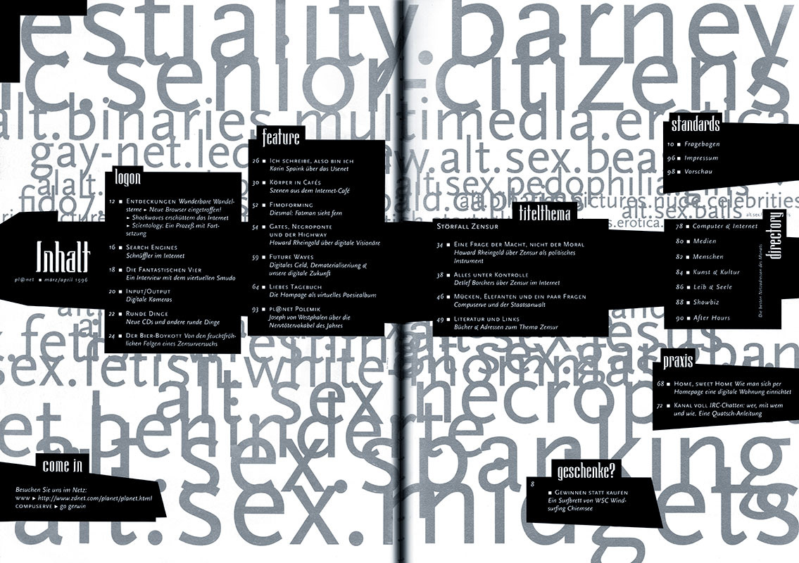 Typographic spread from pl@net with censored CompuServe groups overlaid on a light background; statement design.