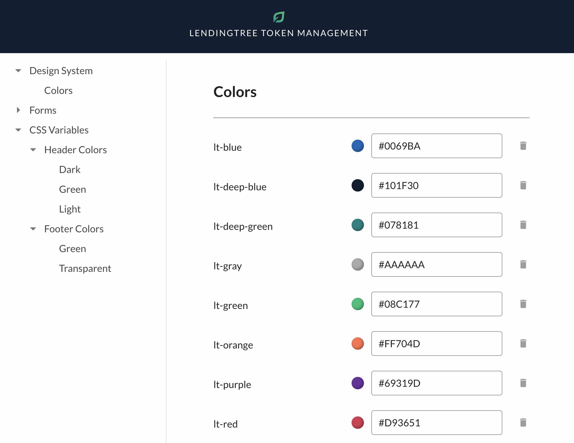 Color token manager proof-of-concept app showing a hierarchical swatch list with brand palette details.